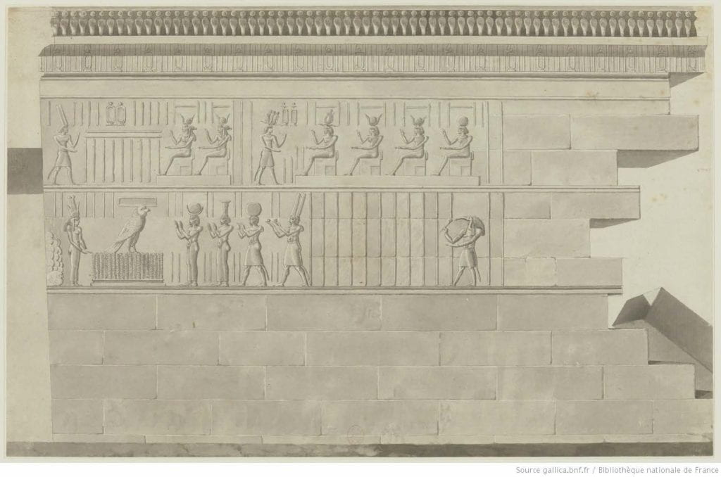 Fig. 6 Charles-Louis Balzac, [Ile de Philae] : [bas-reliefs de l'édifice de l'ouest], 1798-1809, aquarelle, lavis d'encre et plume, 21.4 x 27.1 cm. Bibliothèque nationale de France. Paris, France.