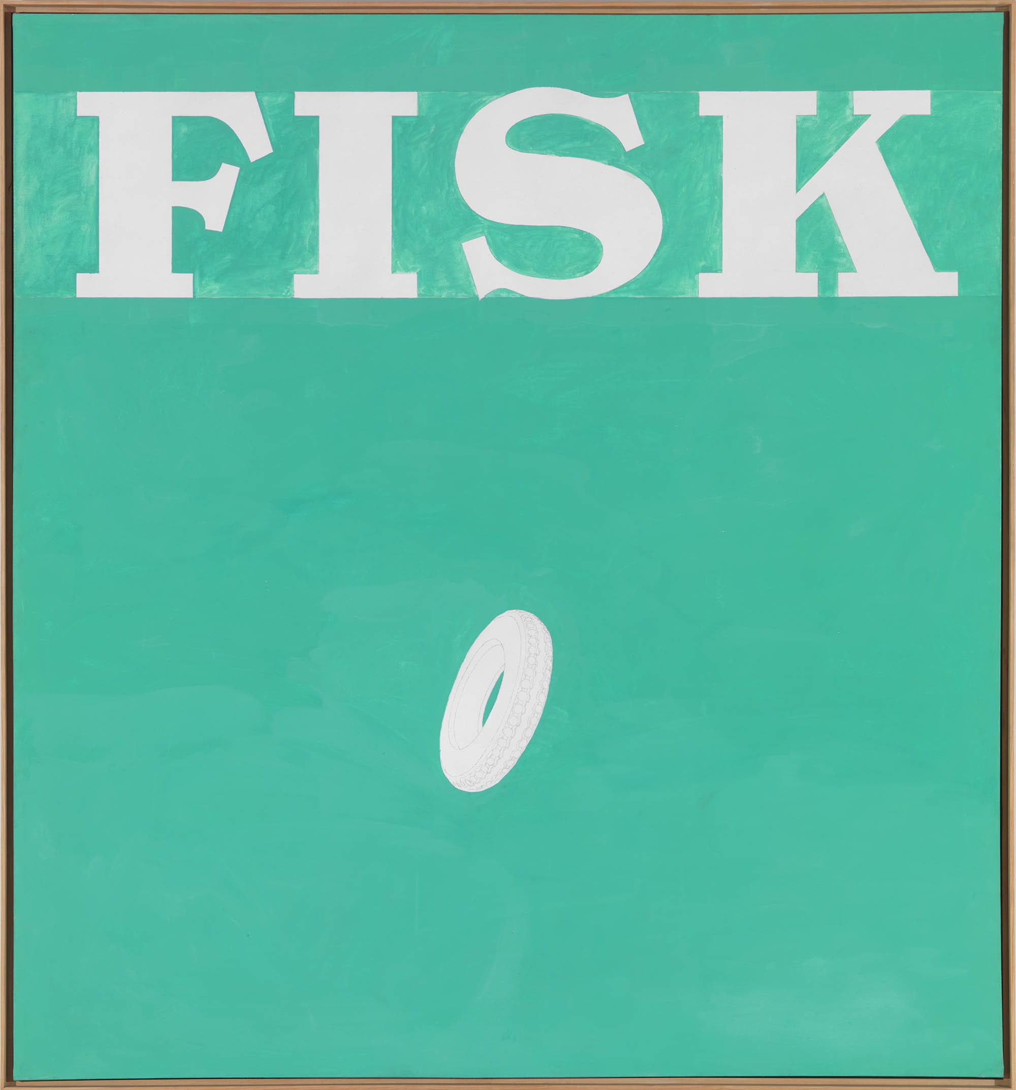 Painting with white letters that spell "FISK" with a white tire like object suspnded below. The background is teal/green.