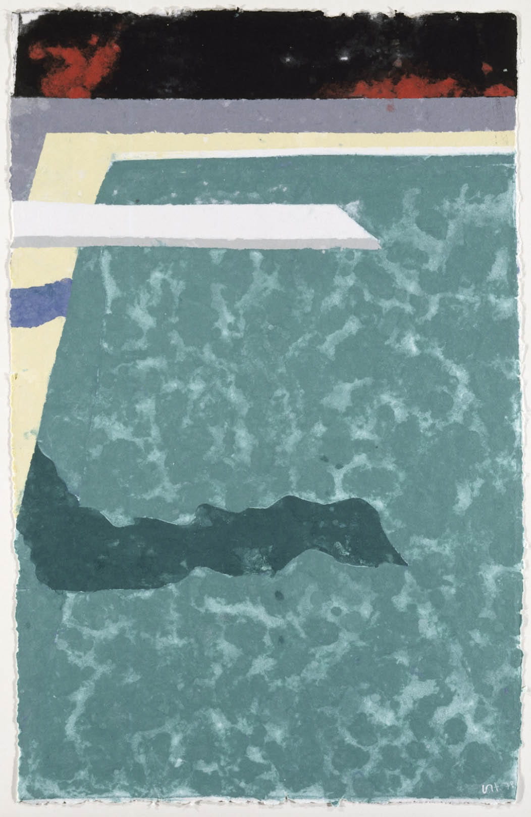 Stylized painting of an empty pool and a diving board.