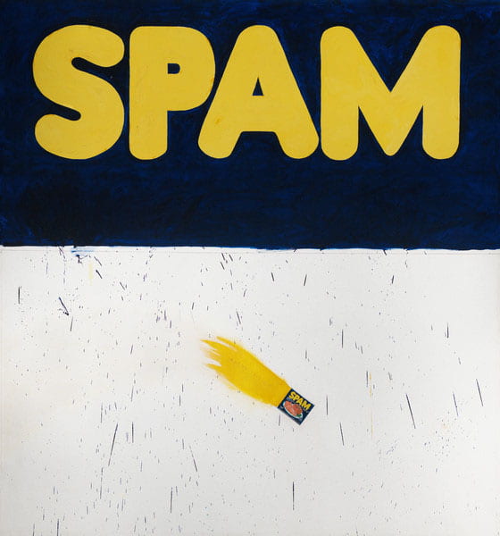 PAinting of the SPAM logo and a tru to size tin of Spam in the lower half of the painting.