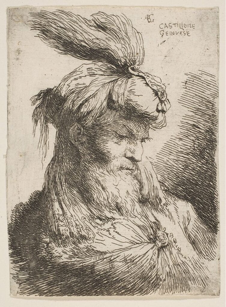 Drawing of a male figure in a feathered cap.