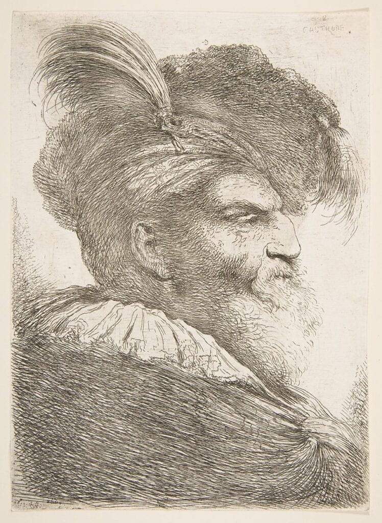 Drawing of a man looking right, wearing a feathered cap.