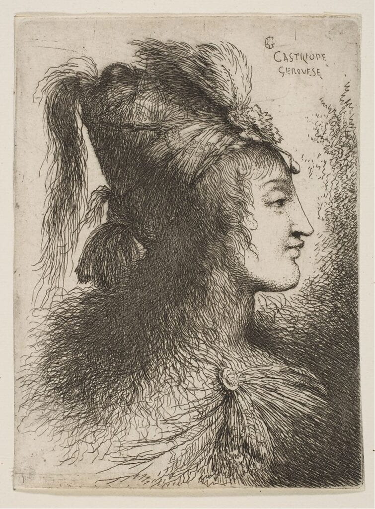 Drawing of a female figure in a turban looking right. 