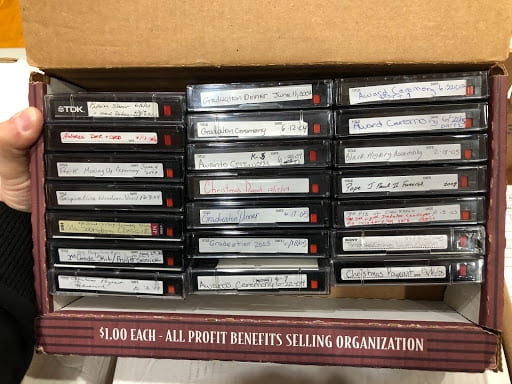 A box of tapes on-site at RC Diocese Archives.