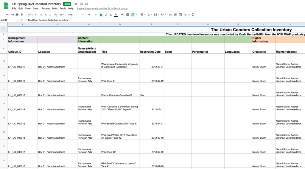 Image of inventory spreadsheet.