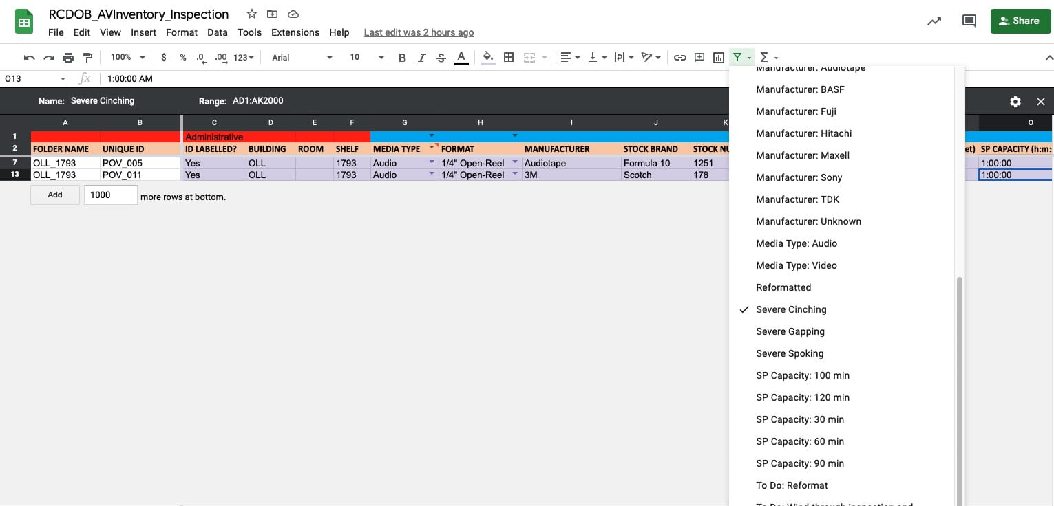 spreadsheet filtered by damage type