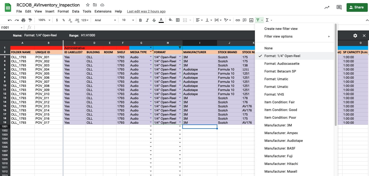 spreadsheet filtered by format