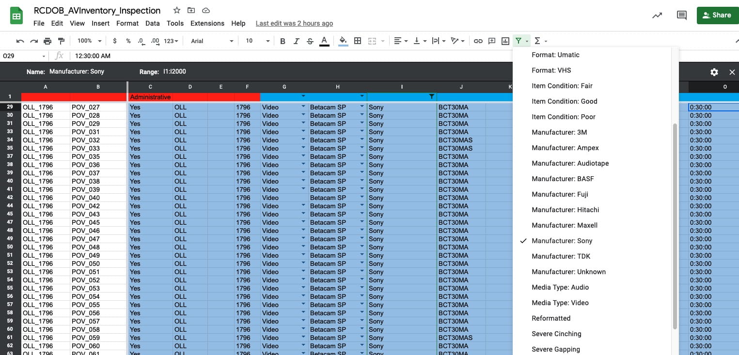 spreadsheet filtered by manufacturer