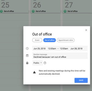 Screenshot showing the location of the new out-of-office feature, which can be set in an Event's details.