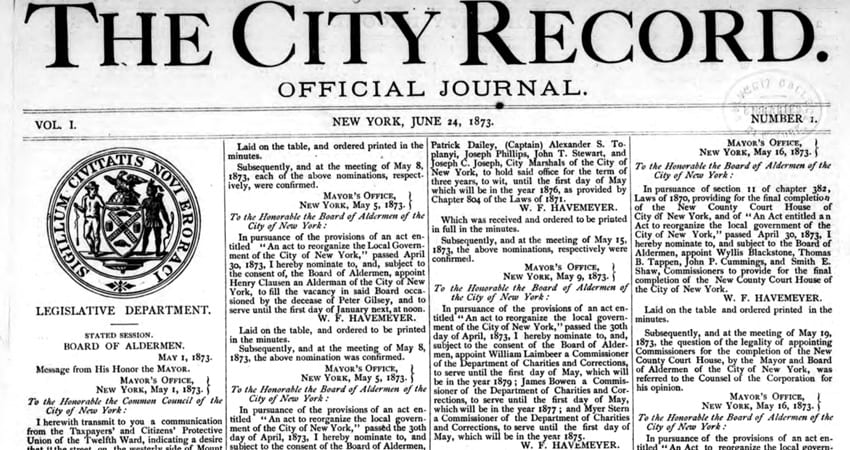 Front page fo the City Record newspaper, June 1873