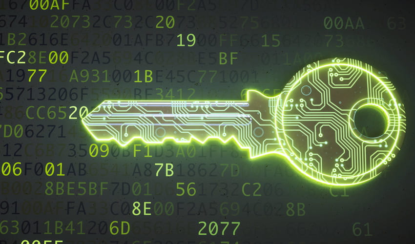 glowing key formed from computer code