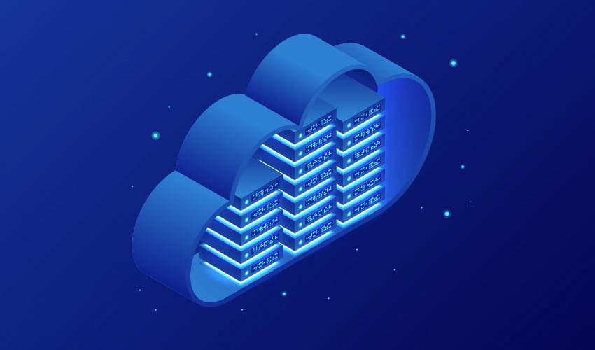 illustration of glowing blue computer servers within a cloud