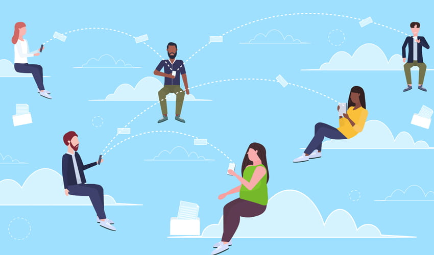 illustration of people sitting on clouds checking their email