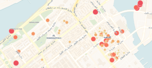 This is a detail of one of the maps created in the Abu Dhabi food cultures project showing prices of restaurants in the Tourist Club area.