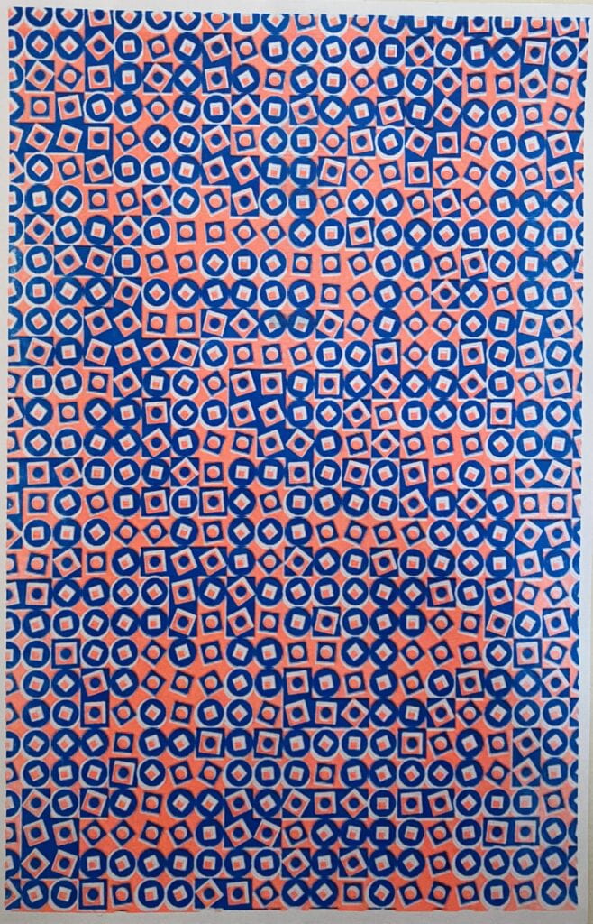 A repeating grid pattern or orange and blue with alternating concentric circles and squares, which are rotated at different angles.