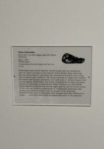 A clear descriptive plaque nailed to a gallery wall. It shows text and metadata about a sculpture as well as a simple black illustration of the sculpture. 