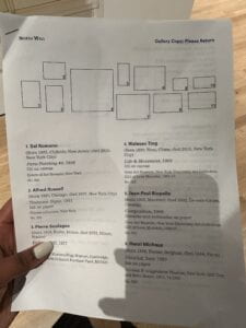 A page in a printed pamphlet that shows the arrangement of art pieces as numbered squares; under it are descriptions/metadata for each artwork piece that correspond to the numbers. 