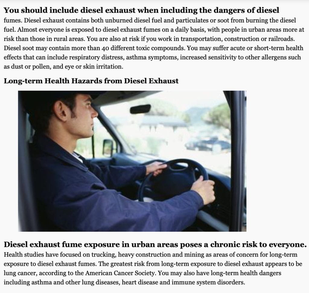 Diesel exhaust fume exposure in urban areas poses a chronic risk to everyone. 