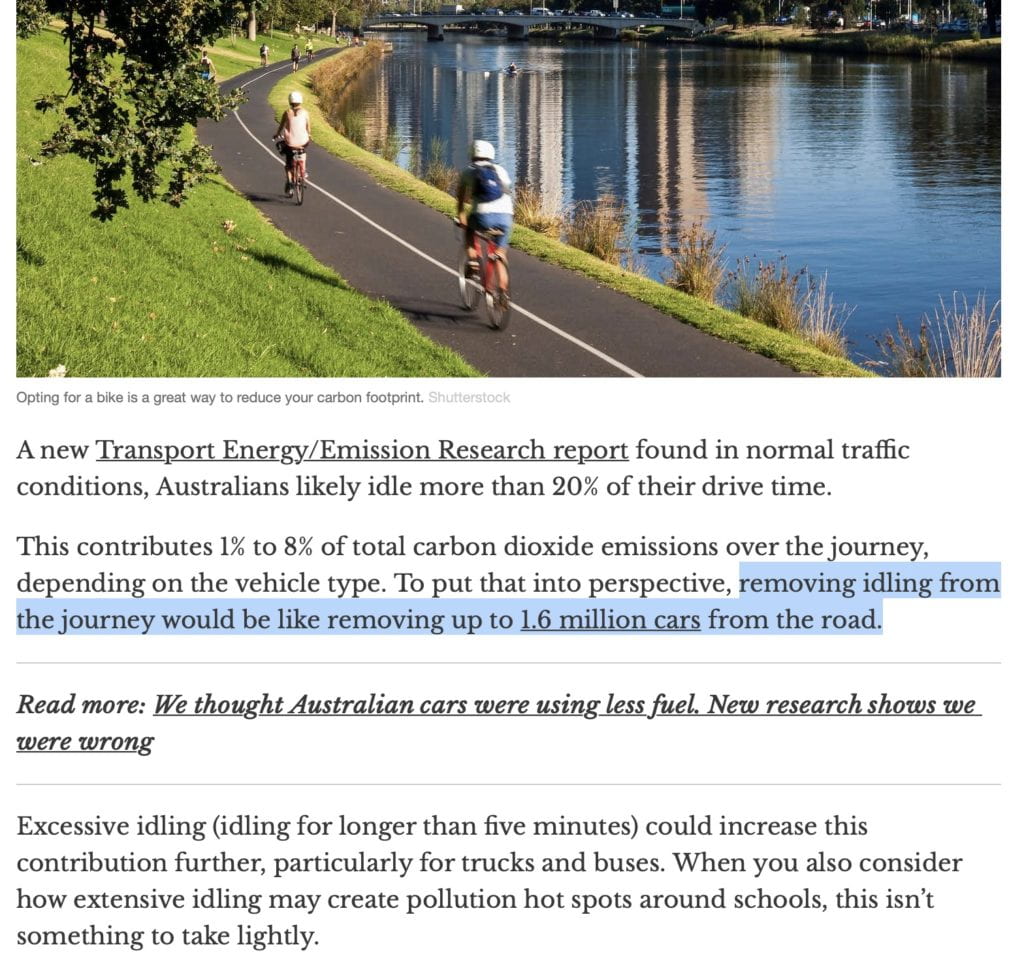  in normal traffic conditions, Australians likely idle more than 20% of drive time.