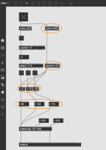 Based on the patch in class, I added an object "metro 2000" to make the duration of playing three specific notes be 2 seconds. Then in order to change the three notes every two seconds, to ensure they are random, I used the random object. It connects to three objects that add different values(+2, +12, +20) to the random number so that the second note is always 10 steps higher than the first one and the third note is 8 steps higher than the second one. The three numbers under the three +x boxes show the output of the pitch respectively. The video below shows the new patch in action.