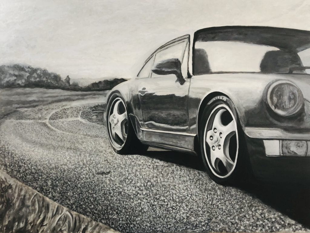 Painting of car in black and white.