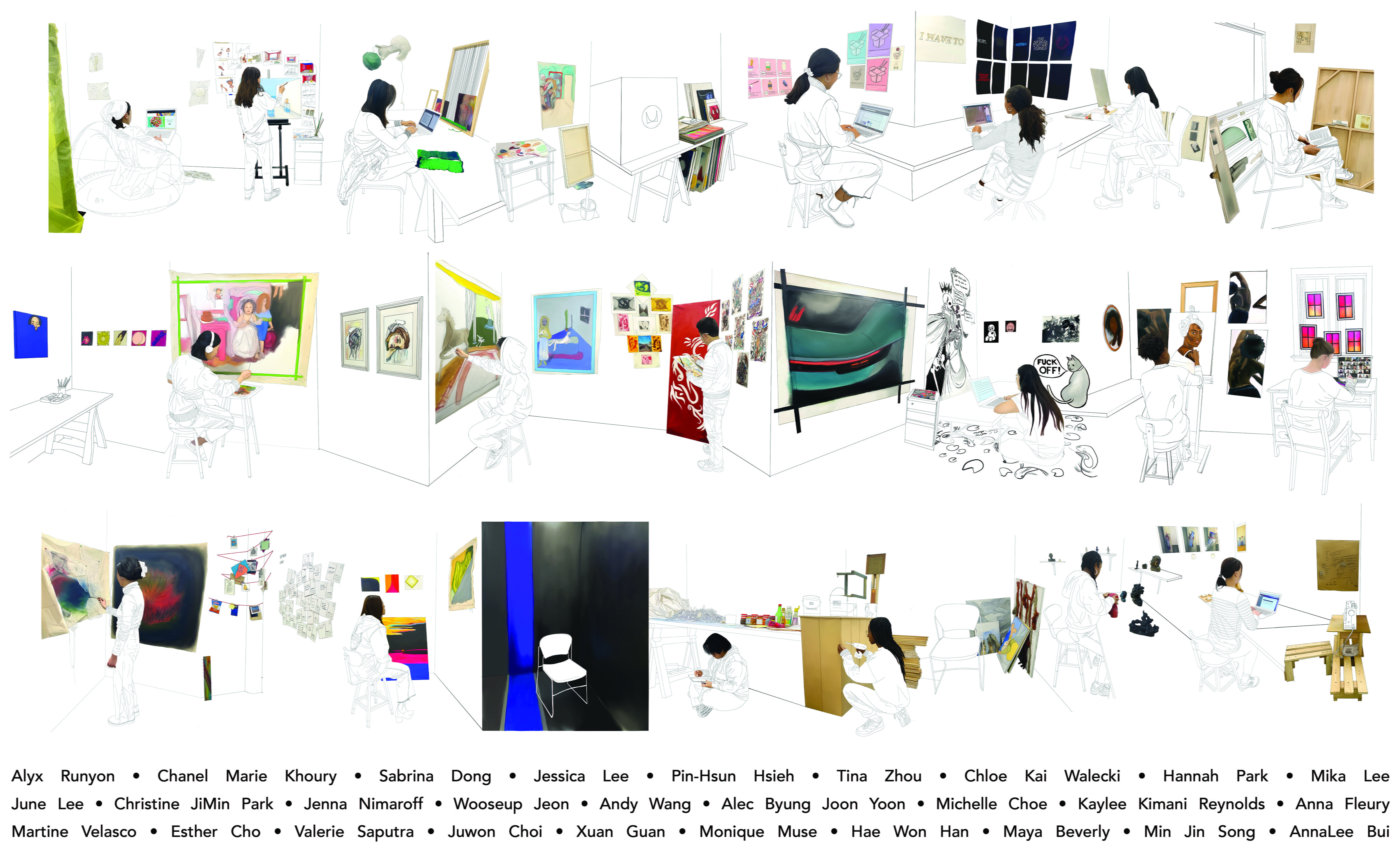 Images of students in studio made with digital drawings. Name of students at the bottom: Sabrina Dong, Pin-Hsun Hsieh,  Chanel Khoury,   Jessica Lee, Mika Sarina Lee,  Hannah Park, Alyx Runyon, Chloe Kai Walecki, Tina Zhou,  Michelle Choe, Anna Fleury, Wooseup Jeon, June Lee, Jenna Nimaroff, Christine JiMin Park, Kaylee Reynolds, Andy Wang 王宇衡, Alec Yoon, Maya Beverly, AnnaLee Bui, Esther Cho, Juwon Choi, Xuan Guan, Hae Won Han, Monique Muse, Valerie Saputra, Min Jin Song, Martine Velasco