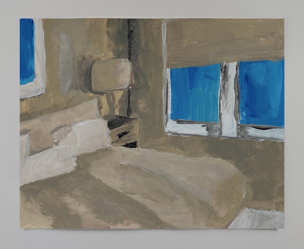 Painting of bedroom with blue curtains.