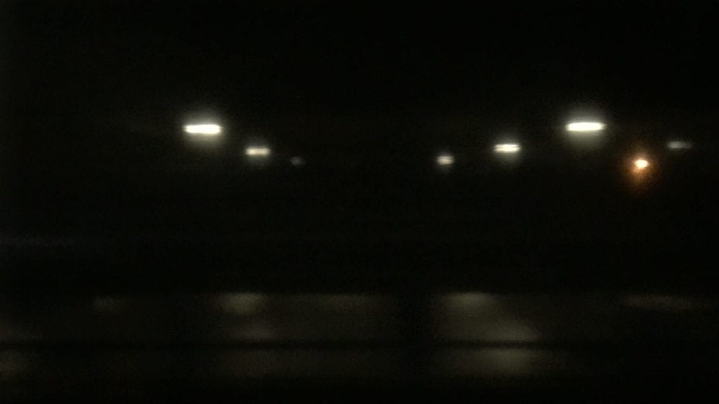 Blurry image of lights at night.