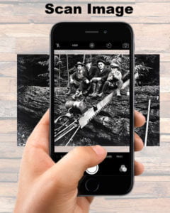 Hand holding a smartphone scanning an image of people logging from the exhibit. Text reads “Scan Image”.