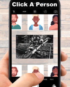 Hand holding a smartphone. Screen containing 6 cartoon images of people with exhibit image of people logging centered on screen. Text reads “Click a person”.