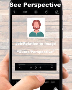 Hand holding a smartphone with an audio file on the screen that reads “See Perspective. Job/Relation to Image. Quote/Perspective."