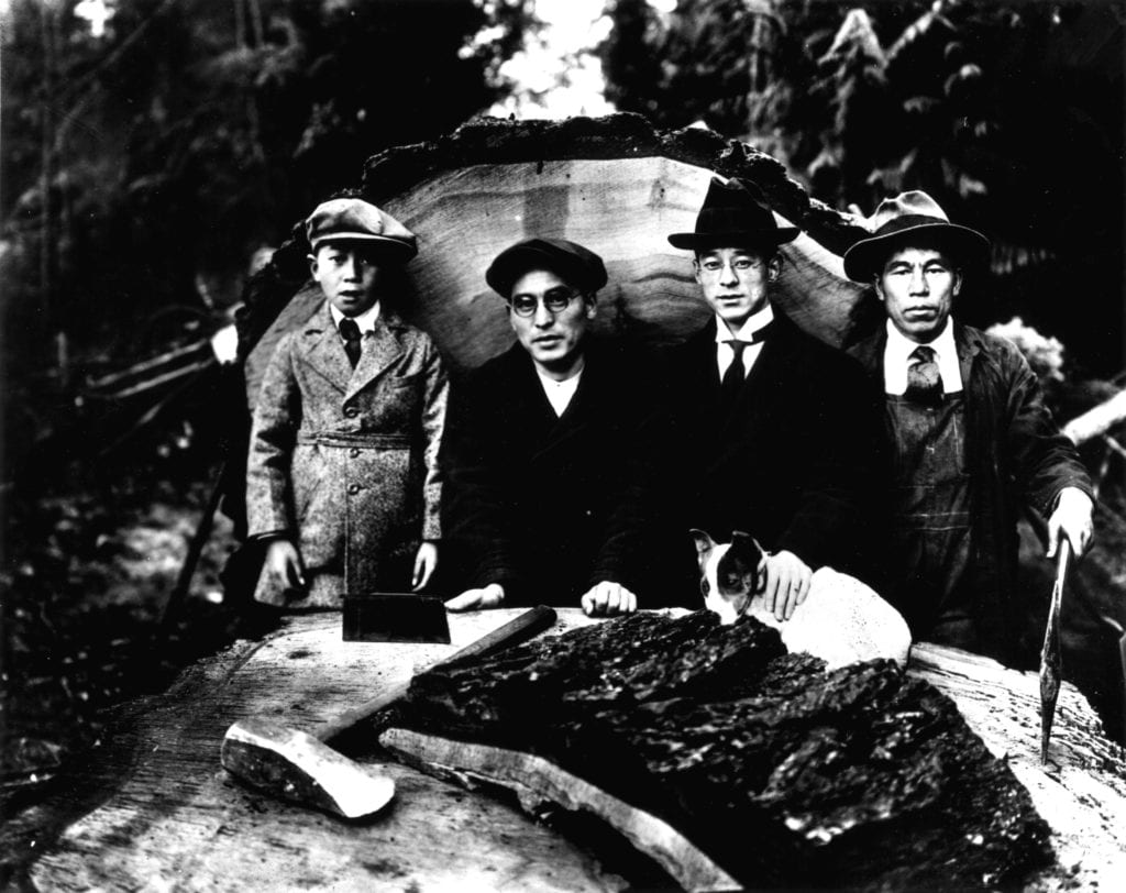 Black and white portrait of three men and a boy standing in front of a large felled log with an ax and small dog resting on the tree stump; men wear boots, caps or hats; location identified as Island Center, Bainbridge Island, Washington and individuals as Mr. Harui and friends.