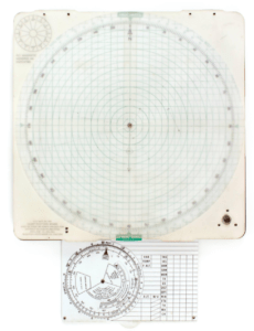 Square, white plotting board with green concentric circles extending from the center.