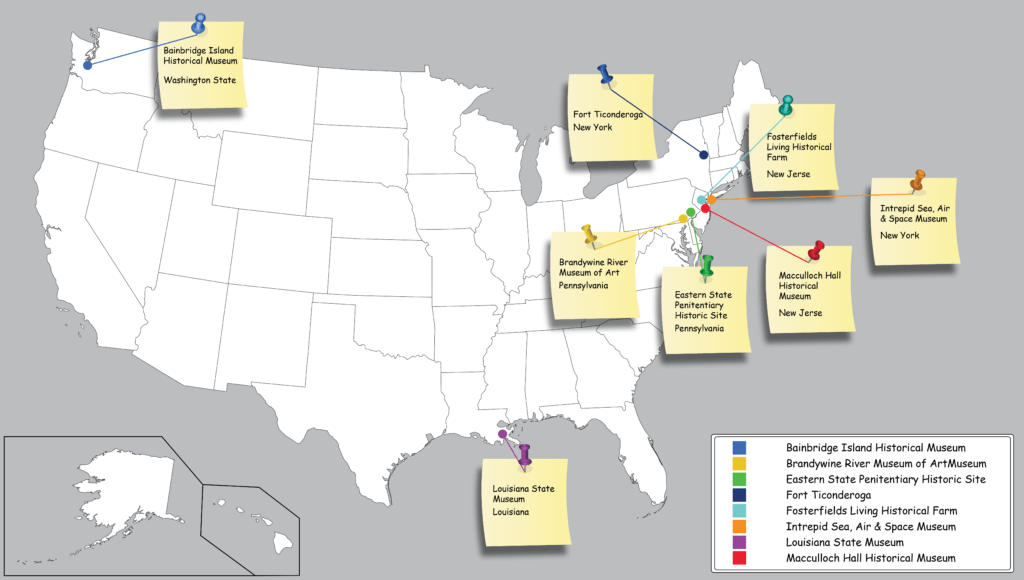 Map of the United States with markers showing where each partner institution is located on map.