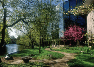 Glass building on the edge of Brandywine River.