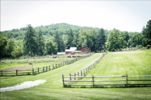 Farm with two pastures with a red barn in background, and trees and a mountain behind the barn.