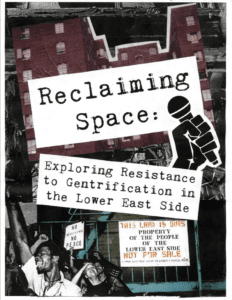 Drawings of protest and microphones with title: 'Reclaiming Space'