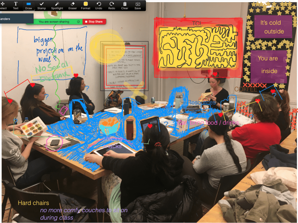 Image of students sitting around a table in a classroom , with reimagined edits drawn onto the image.