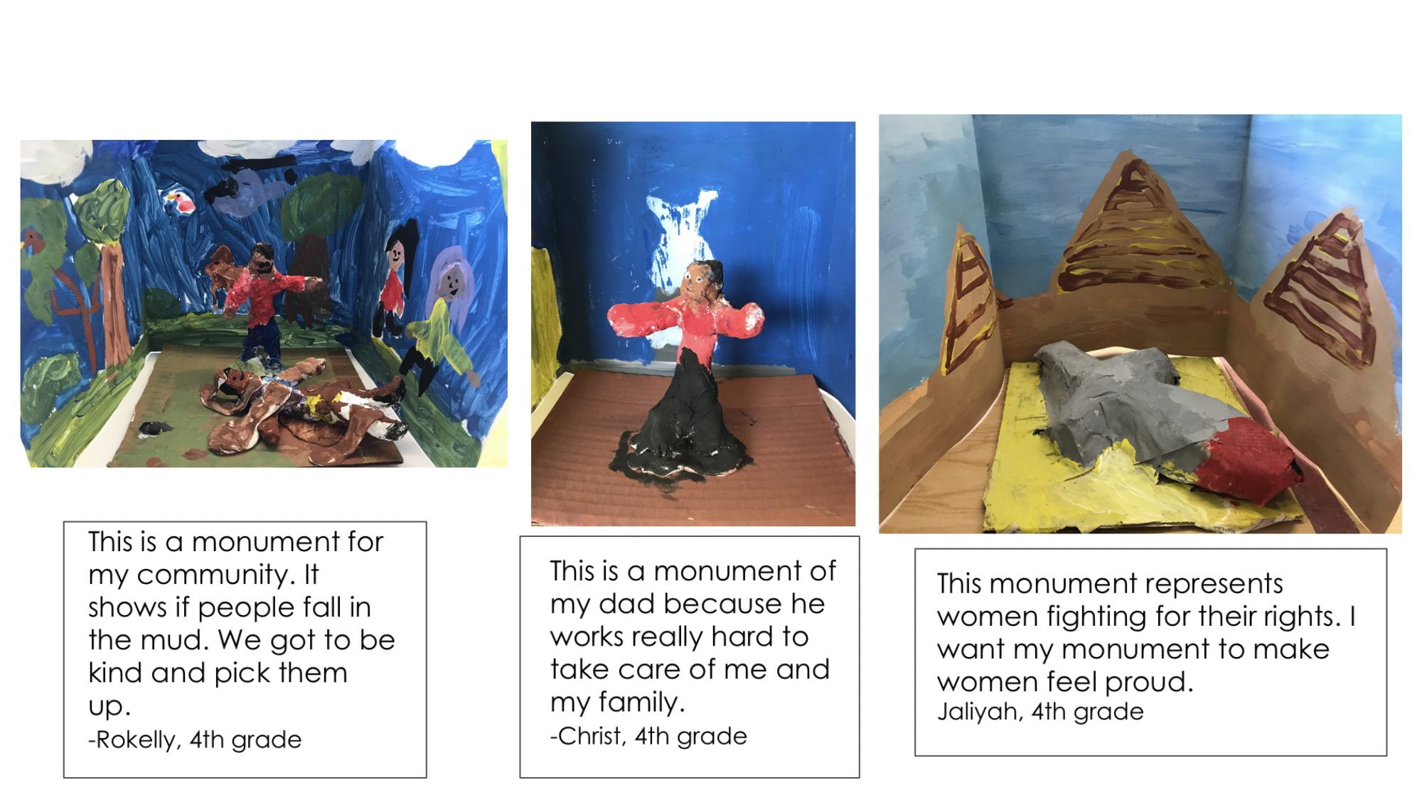 3 images of student artwork/sculptures with quotes by each student below