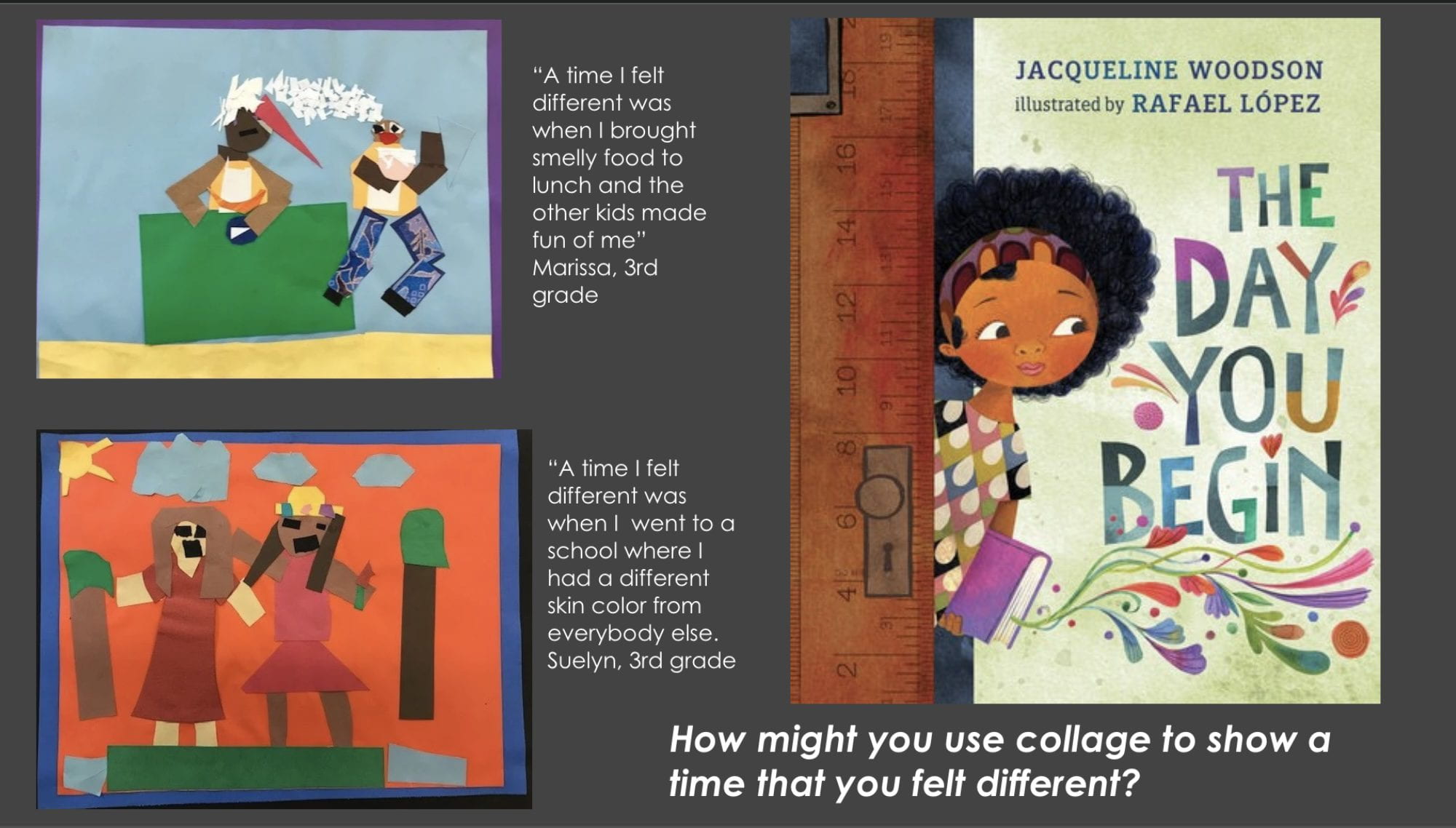 Images of paper collage and a children's book cover with quotes by students about their collage and text: How might you use collage to show a time that you felt different?