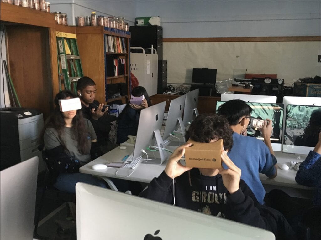 students using VR technology in class