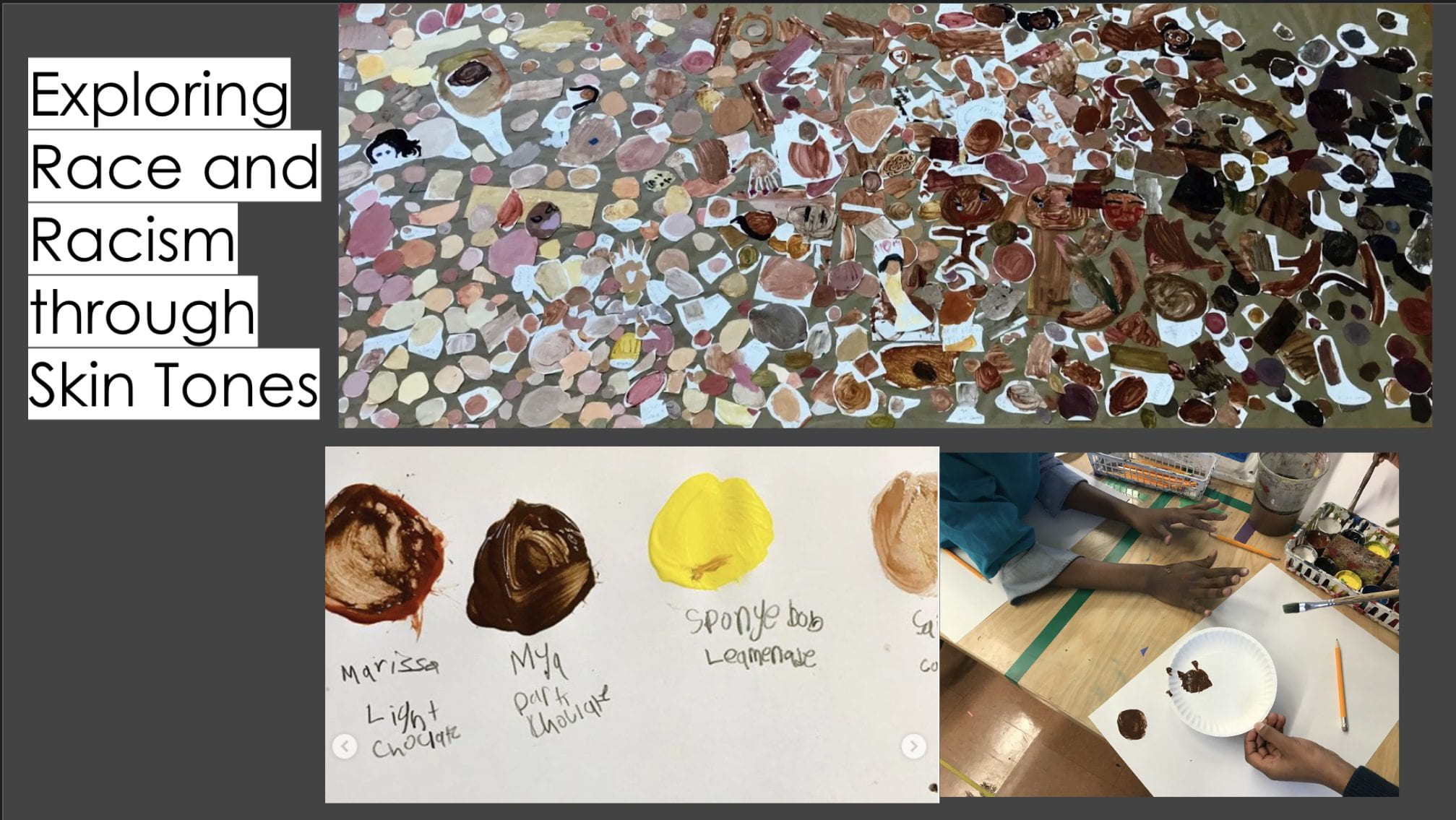 Images of paint colors and students painting with text: Exploring race and racism through skin tones