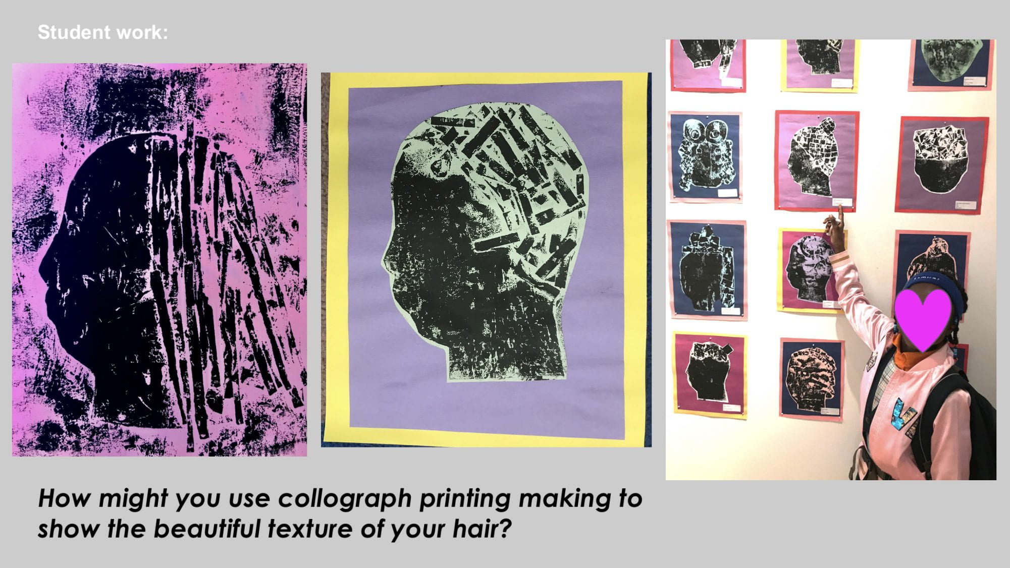 three images of a printmaking project and a student pointing to their artwork