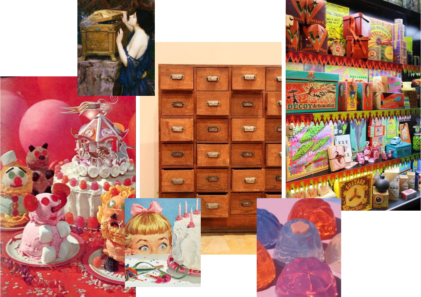 A collage of carnival related images, chests, and a classical painting of pandoras box