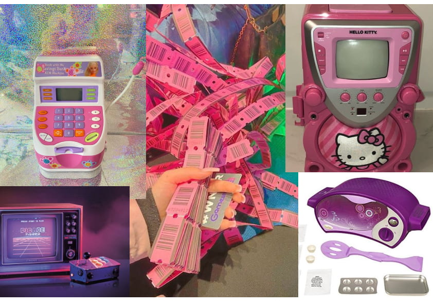 A collage of pink and purple arcade machines, tickets, and Childrens toys.