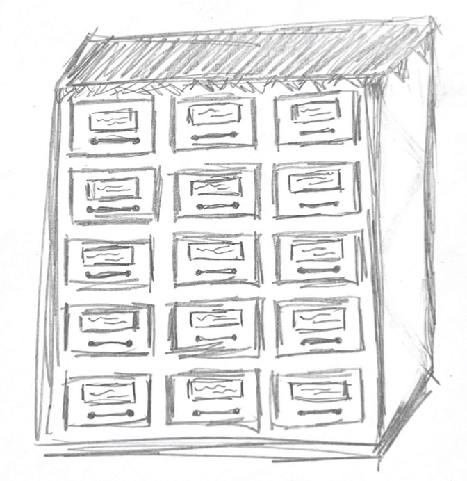 A pencil sketch of a chest including multiple compartments like a advent calender