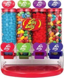 Jelly bean distributor with four containers each includes a different multicolor jelly bean combination