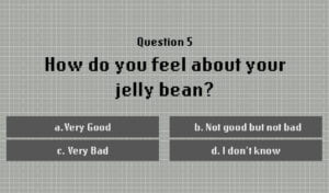 Pixelated Game screen with a question prompt and four responses labeled a through d