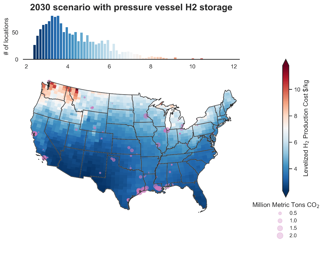 Spatial variation in cost of solar-powered hydrogen production for industrial supply. See body for longer description.