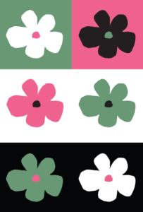 an illustration of 6 flowers in the same shape but with different colors for itself and the background.